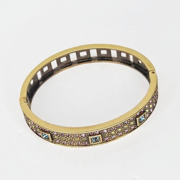 Heidi Daus | Vintage Art Deco 90's Crystal Bronzetone Hinged Bangle Bracelet - Picture 3 of 8